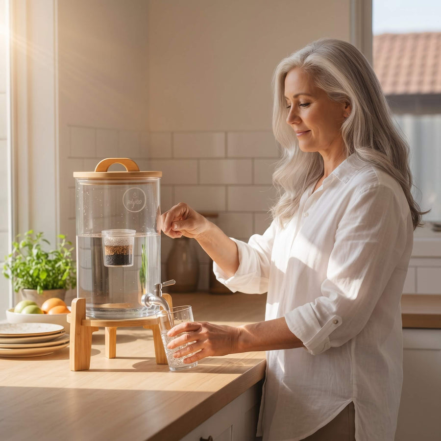 Pouring filtered water from the HolyH₂O Glass Trinity