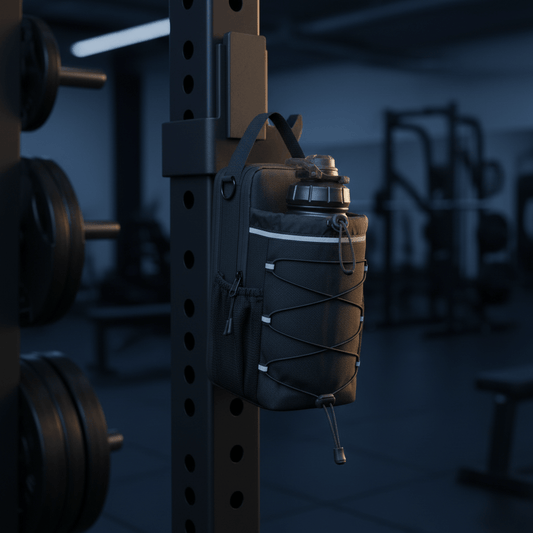 HolyH₂O Titan magnetic gym bag attached to a squat rack