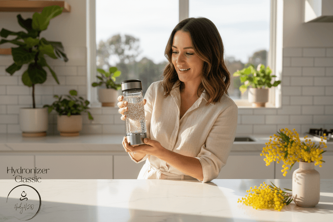 Woman in a sunny Australian kitchen holding a HolyH₂O Hydronizer hydrogen water bottle