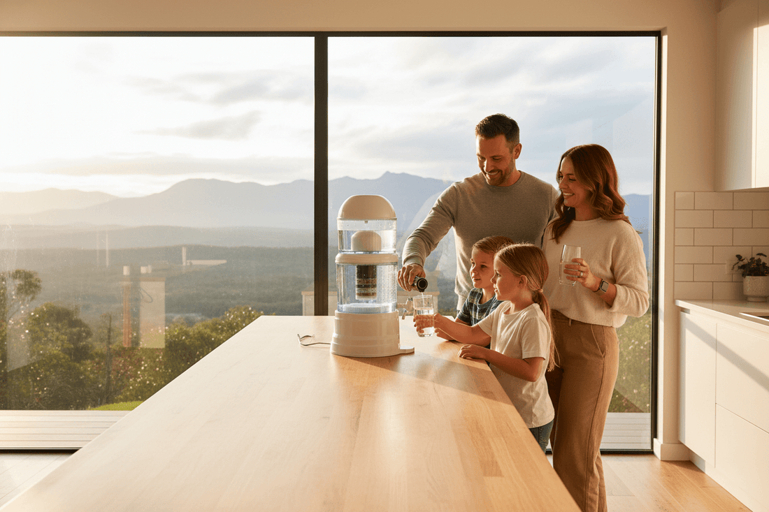 HolyH₂O Trinity water filter on a family kitchen bench