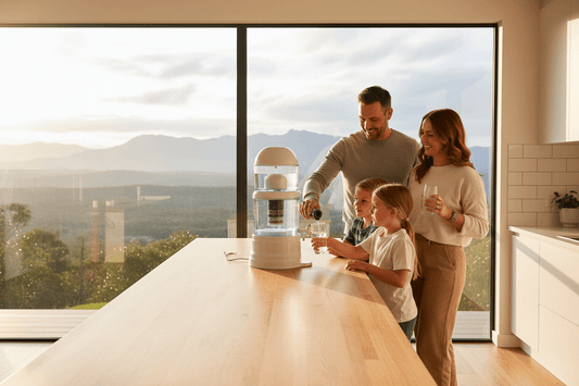 HolyH₂O Trinity water filter on a family kitchen bench