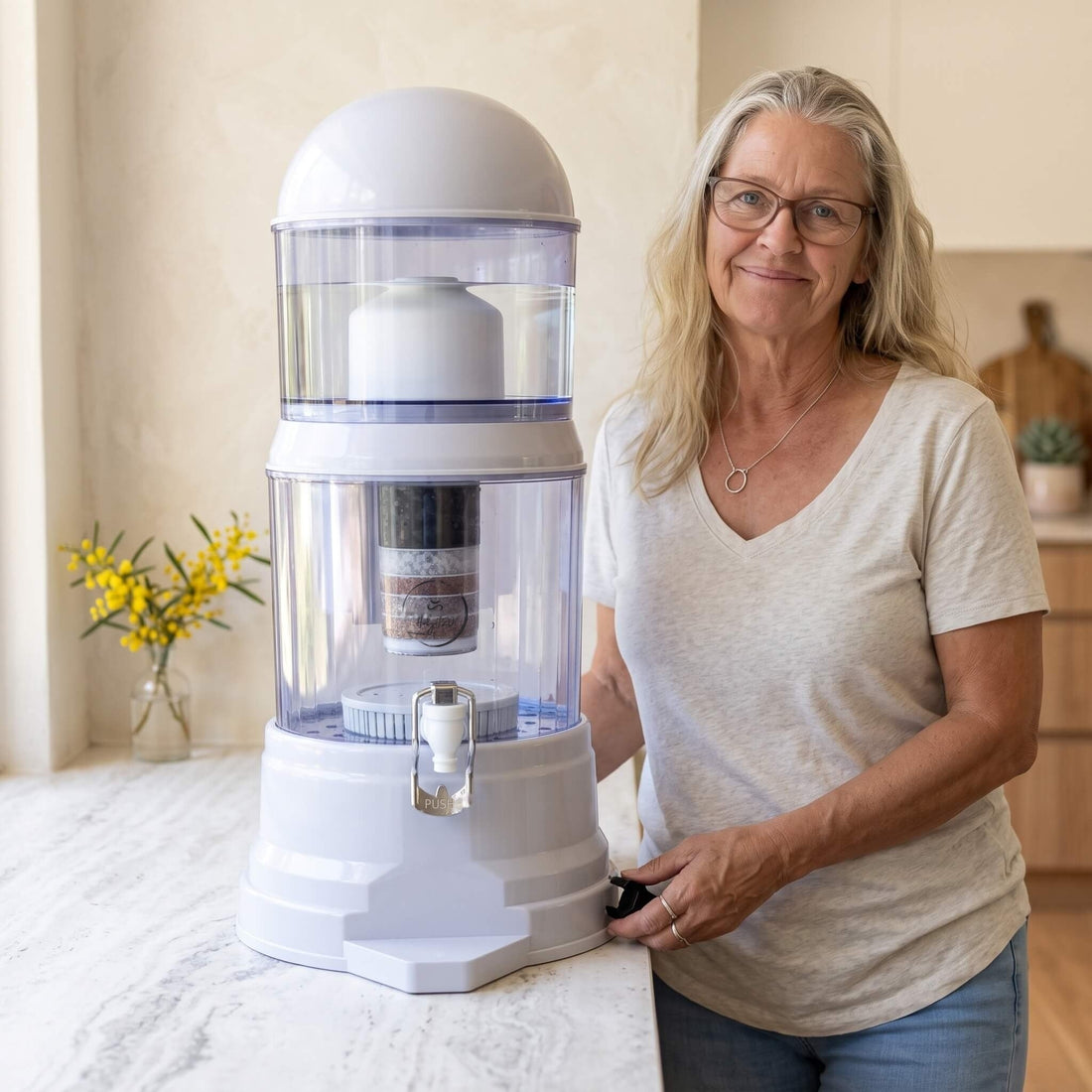 HolyH₂O Trinity benchtop water filter on a kitchen bench