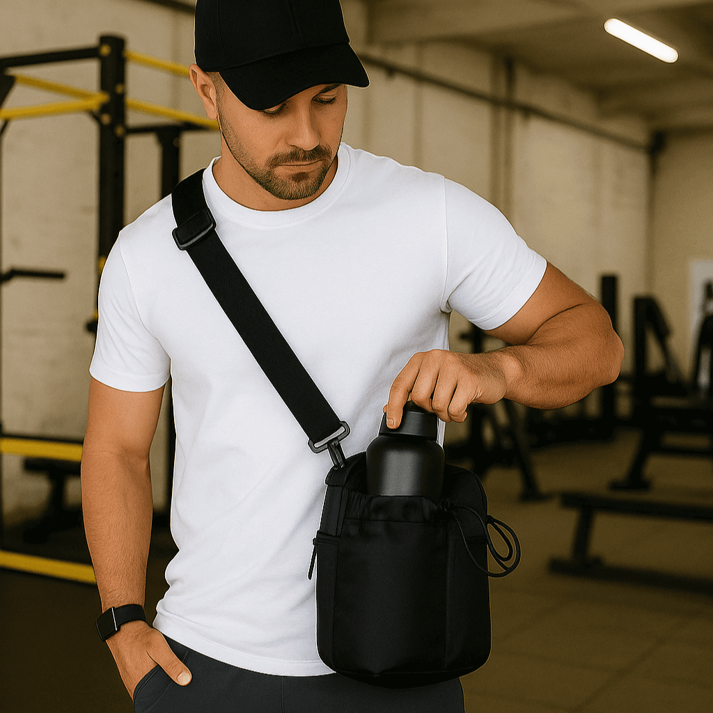 Male athlete holding a water bottle in a black magnetic gym bag by HolyH₂O™ in the gym.