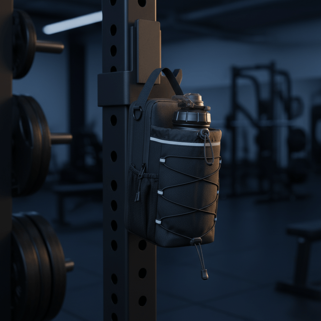 Titan Gym Bag by HolyH₂O™ hanging on gym equipment, showcasing its magnetic gym bag design and convenient storage.