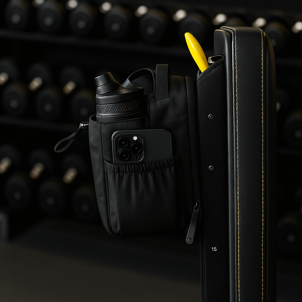 Black magnetic gym bag featuring water bottle and phone holder attached to gym equipment.