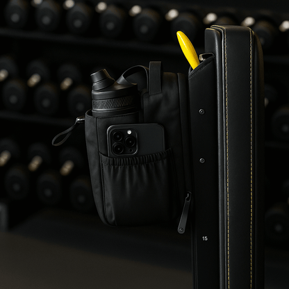 Black magnetic gym bag featuring water bottle and phone holder attached to gym equipment.