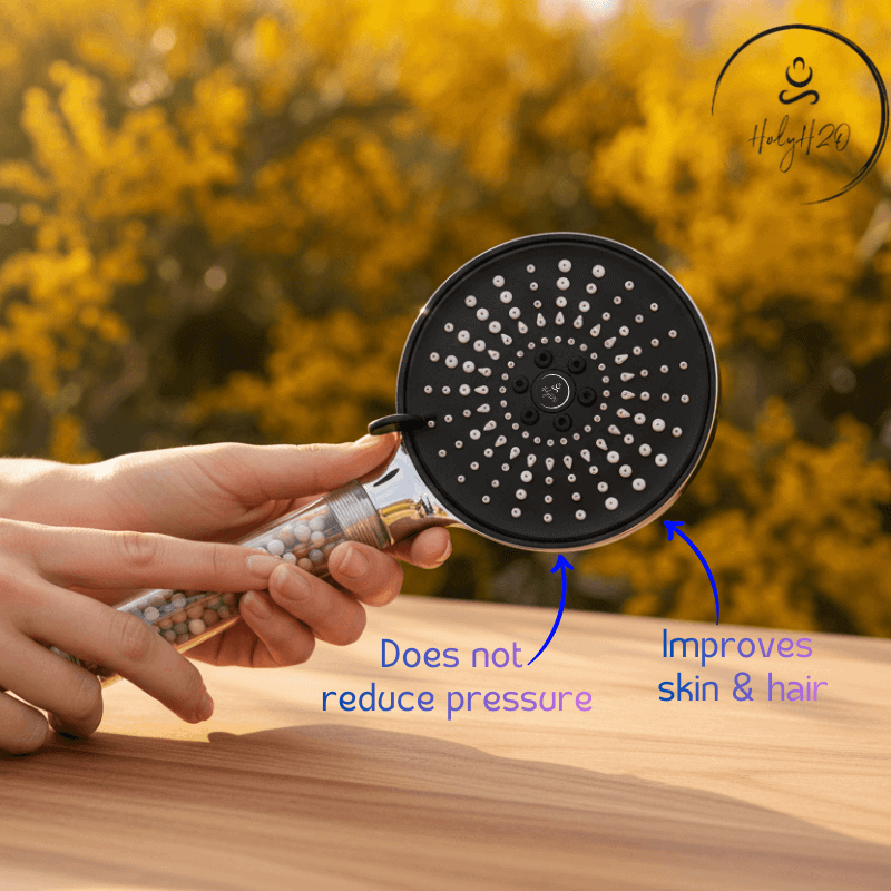 HolyH₂O Shower Max shower filter for reducing chlorine and heavy metals, designed for softer skin and shinier hair